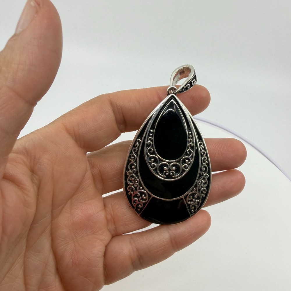 Black Enamel Teardrop Pendant Silver Tone Boho Gothic Statement Gift